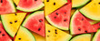 Watermelon colorful pattern background. Fresh red yellow watermelon slices closeup, wallpaper, top view. Creative summer concept, fashionable trendy flat lay