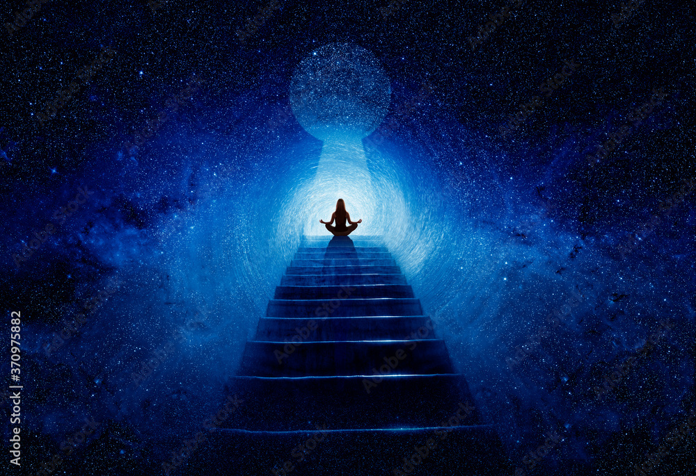 Woman in yoga pose at top of stair - obrazy, fototapety, plakaty 