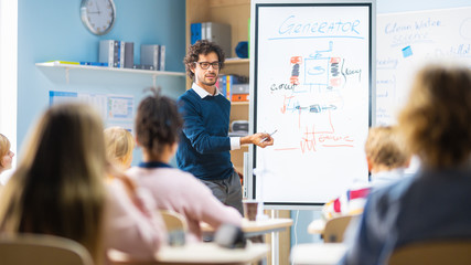 Wall Mural - Elementary School Physics Teacher Uses Interactive Digital Whiteboard to Show to a Classroom full of Smart Diverse Children how Generator Works. Science Class with Curious Kids Listening Attentively