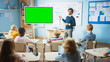 © Gorodenkoff - Elementary School Physics Teacher Uses Interactive Digital Whiteboard With Green Screen Mock-up Template. He Leads Lesson to Classroom full of Smart Diverse Children. Science Class with Kids Listening