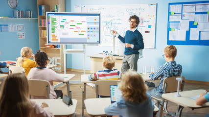 Wall Mural - elementary school computer science teacher uses interactive digital whiteboard to show programming l