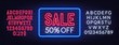 © TanyaFox - Sale 50 percent off neon sign on brick wall background. Discount template.