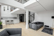 White apartment with mezzanine and stairs