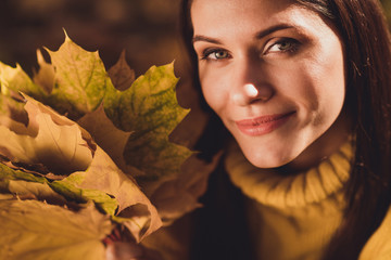 Wall Mural - Close up portrait of attractive dream girl have autumn fall park woodland relax hold collect maple leaves wear yellow sweater