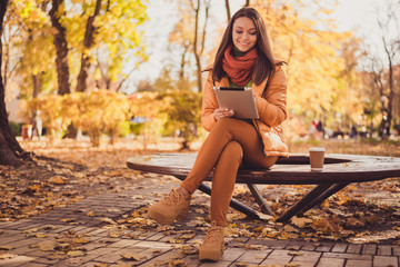 Photo of pretty lovely lady smiling sit bench hold tablet drink coffee remotely contacting professor ask homework autumn park wear scarf green turtleneck orange windbreaker pants sneakers outdoors