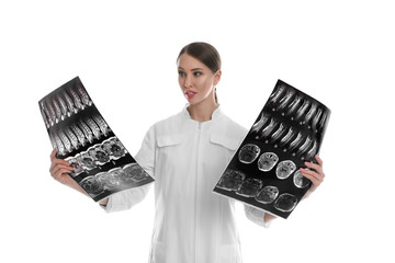 Sticker - Orthopedist holding X-ray pictures on white background