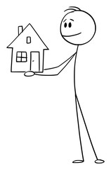 Canvas Print - Vector cartoon stick figure drawing conceptual illustration of smiling man or businessman holding small family house.