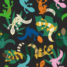 Lizards And Tropical Leaves Seamless Pattern. Colorful Reptiles Exotic Illustration For Textile Or Wrapping Paper Design. - Vector