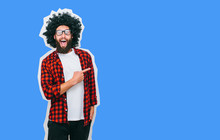 Hipster Man Pointing With Fingers At Your Text. Crazy Hipster Guy Emotions. Discount, Sale, Season Sales.