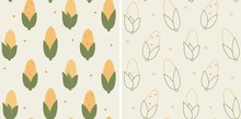 Seamless Maize Pattern. Two Vector Illustrations Of Corn Crop Texture In Flat And Linear Style.