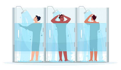 Public male shower semi flat RGB color vector illustration. Man clean with shampoo. Guy in cabin wash with soap. Hygiene and body care. Diverse men isolated cartoon characters on white background