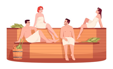 Sticker - Public sauna semi flat RGB color vector illustration. Public russian stove for female and male. Finnish bathhouse. Friends in spa resort isolated cartoon character on white background