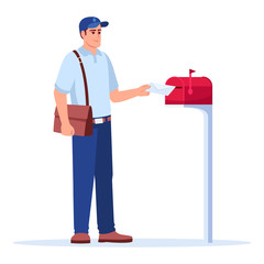 Canvas Print - Postman delivering mail semi flat RGB color vector illustration. Mailman putting envelope in mailbox. Postal service male worker isolated cartoon character on white background