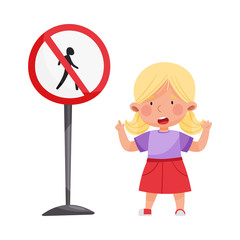 Wall Mural - Little Girl Standing Near Road Sign Learning Traffic Rules Vector Illustration