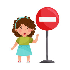 Wall Mural - Cute Girl Standing Near Road Sign Vector Illustration