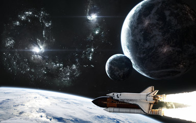 Wall Mural - double blue galaxy, planets in deep space. space shuttle in open space. science fiction. elements of