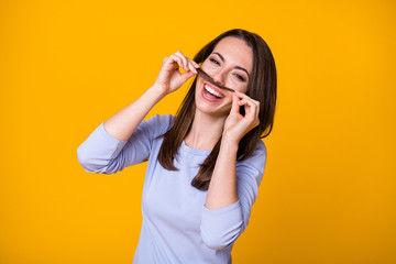 Poster - Photo of careless candid girl have free time make fake hairdo mustache wear good look shirt isolated over vivid color background