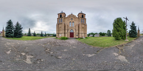 Canvas Print - Full seamless spherical hdri panorama 360 degrees angle in small village with decorative medieval style architecture neo gothic church in equirectangular projection with zenith and nadir. vr content