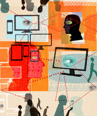 Eyes watching network of people and digital devices 