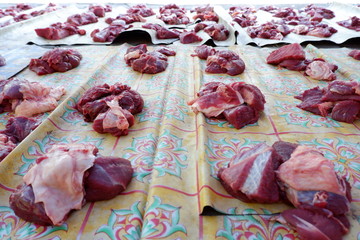 Wall Mural - Fresh red beef is cut into small pieces to celebrate the Muslim holiday, Eid al-Adha