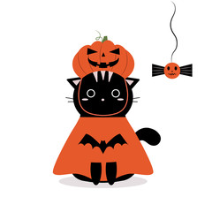 Happy Halloween. Baby collection. Cute black cat in an orange costume and pumpkin hat. Isolated vector cartoon character