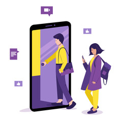 Online education, courses concept. Homeschooling. Lesson or webinar. Student opens the door to the classroom on the phone screen and goes inside. Girl uses smartphone. Isolated vector illustration