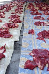 Wall Mural - Fresh red beef is cut into small pieces to celebrate the Muslim holiday, Eid al-Adha