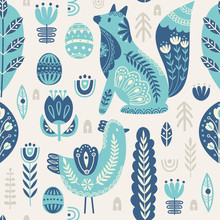 Seamless Pattern In Scandinavian Style With Bird And Fox, Tree, Flowers, Leaves, Branches. Folk Art. Vector Nordic Background With Floral Ornaments And Animal Illustrations. Home Decorations.