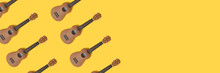 Banner With Ukulele Pattern On A Yellow Background. Hawaiian Guitar Creative Concept With Copy Space.