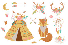 Kids Boho Clipart For Nursery Decoration. Cute Baby Teepee, Fox, Feathers, Arrows, Dreamcatcher Baby Shower Elements