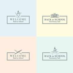 Back to School Stationary Vector Signs, Symbols or Logo Templates Set. School Building, Pen, Compass and Pencil Sketches with Retro Typography and Frames. Season Sale Education Emblems.