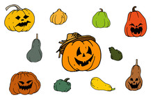 Pumpkin Halloween Colorful Set Isolated On White Background. Doodle Style Line Vector Illustrations. Hand Drawn Halloween Jack O’lantern Elements For Cards, Poster, Invitation Design.