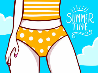 Vector fashion illustration of legs and yellow swimsuit panties of a beautiful girl closeup on blue background with cloud and text.