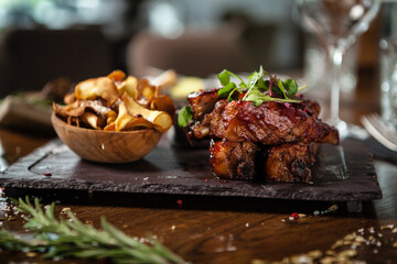 Pork ribs cooked at low temperature. Blackcurrant sauce, parsnip chips with Parmesan cheese. Delicious healthy meat food closeup served on a table for lunch in modern cuisine gourmet restaurant