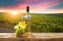 A Fresh Chilled Glass Of Ice Wine Overlooking A Canadian Vineyard During A Summer Sunset
