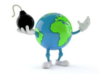 Canvas Print - World globe character holding bomb