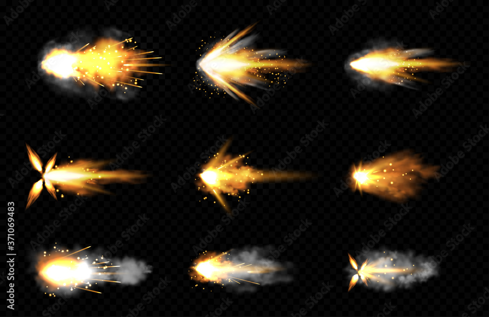 Gun shot with fire and smoke. Weapon firing effects. Vector realistic set of gun muzzle flashes, flying bullets with flame, sparks and smoke clouds isolated on transparent background - obrazy, fototapety, plakaty 