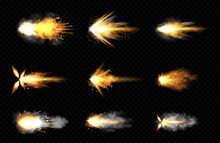 Gun Shot With Fire And Smoke. Weapon Firing Effects. Vector Realistic Set Of Gun Muzzle Flashes, Flying Bullets With Flame, Sparks And Smoke Clouds Isolated On Transparent Background