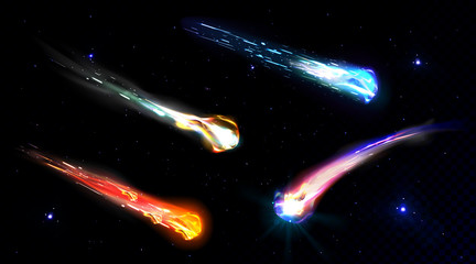 Wall Mural - falling comets, asteroids or meteors with flame trail isolated on transparent background. vector rea