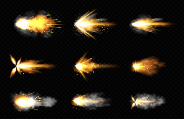 gun shot with fire and smoke. weapon firing effects. vector realistic set of gun muzzle flashes, fly