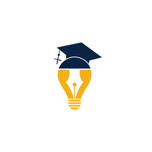 Light Bulb And Graduation Cap Logo. Creative Lamp Idea Genius Logo Design Symbol.