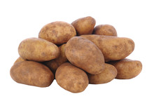 Closeup Of A Pile Of Russet Potatoes Isolated On White.