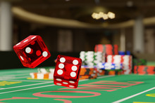 Close Up Shot Of A Pair Of Dice Rolling Down A Craps Table. Selective Focus. Gambling Concept. 3d Illustration.