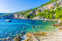 HVAR, CROATIA, AUGUST 8 2019: Tourists Enjoying The Malo Zarace Beach