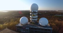 Aerial View Abandoned Air Traffic Station On Sunset, Berlin Teufelsberg
