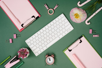 Flat lay office desk female workspace mockup