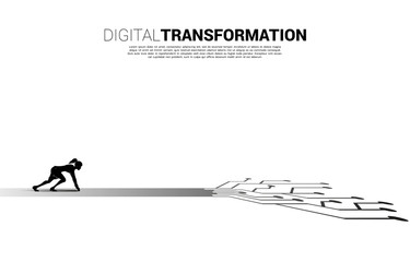 Poster - Silhouette of businesswoman ready to run on road with dot connect line circuit. concept of digital transformation of business.