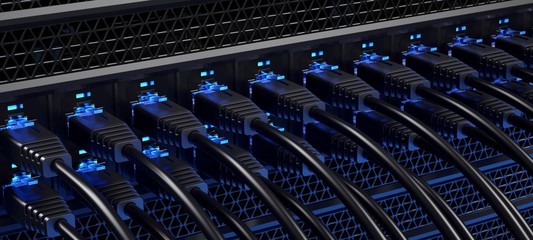 Closeup of the rear of a data center. Blue version.