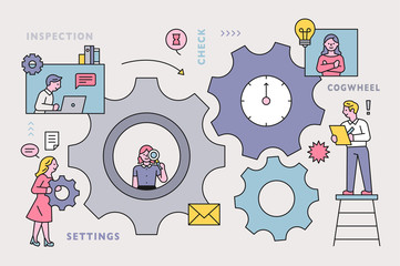 Wall Mural - Factory with huge gears. Business people are working together. flat design style minimal vector illustration.