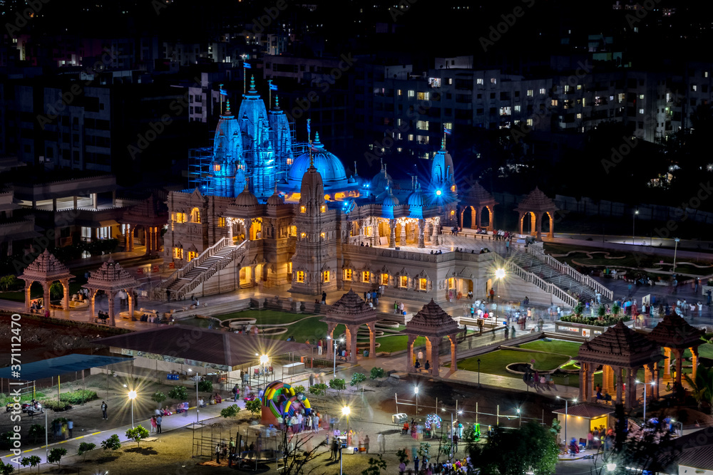 Night time lighting on Shree Swaminarayan temple at night, Pune